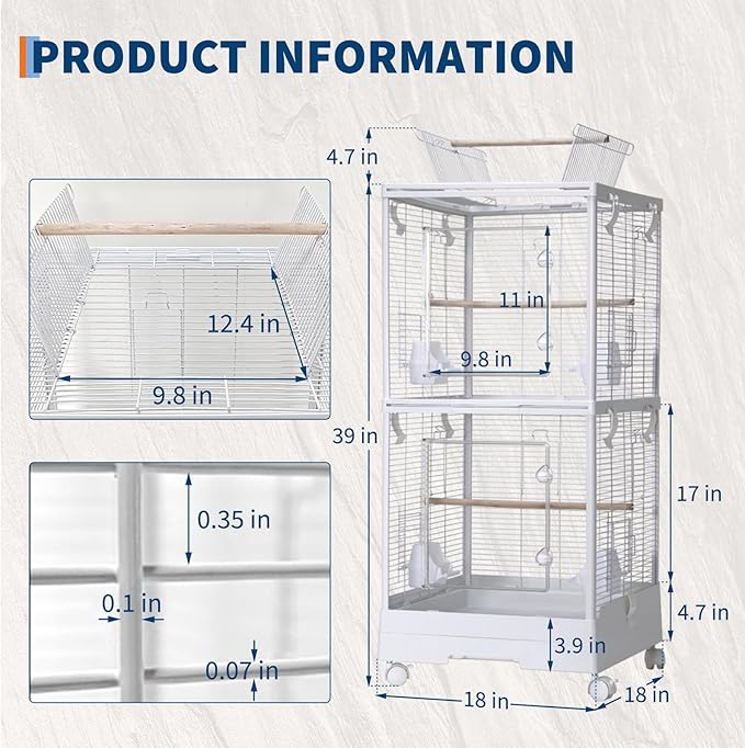Garvee Small Bird Cage with Playground Stand, 44in White Travel Bird Cage for Parrot, 2-Level Acrylic Parrot Carrier for Medium Small Bird
