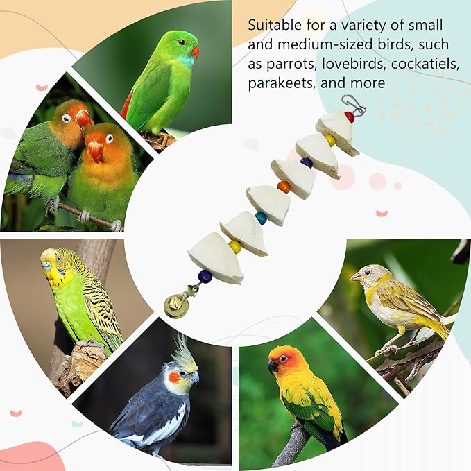 3 Pack Bird Chewing Toy Cuttlebone Parrot Toy with Bell Hanging Bird Beak Grinding Stone Parakeet Cage Accessories for Small & Medium Budgies Lovebirds Cockatiels (Block, 6 Per Skewer)