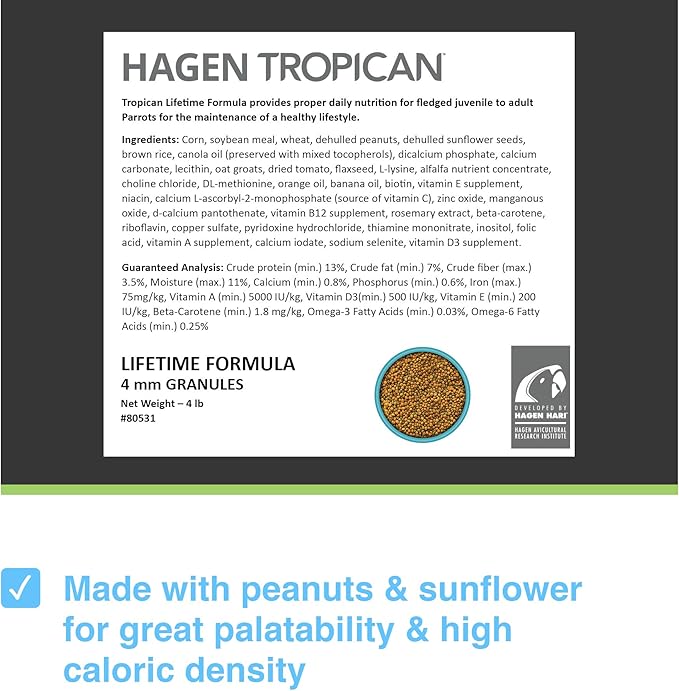 Hagen Tropican Lifetime Formula Parrot Food, 4 lb. - Hari Parrot Food with Peanuts & Sunflower Seeds and Balance Nutrition Levels