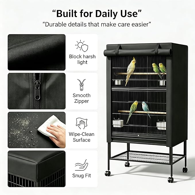 Universal Bird Cage Cover,Good Night Bird Cage Cover Good Night Blackout Breathable Cover with Zipper Panel for Parrot Parakeet Cockatiel Cages, Washable & Durable (33L x 23Wx 41H Inches)