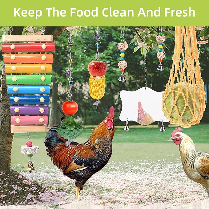 Chicken Toys for Coop 9PCS Set, KAKUNM Chicken Enrichment Toys, Including Xylophone, Swing, Chicken Mirror, Chicken Flexible Ladder, Vegetable String Bag and Hanging Feeder Coop Toy Accessories