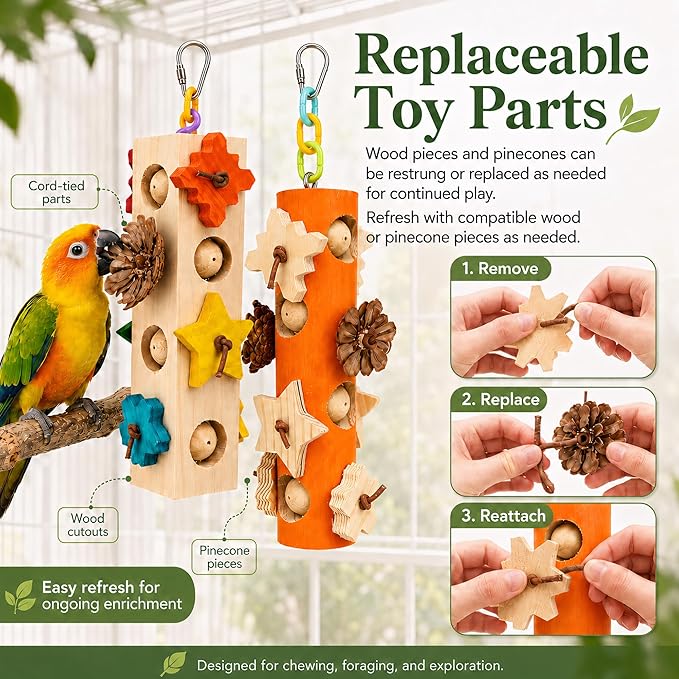Bird Foraging Toy Parakeet Enrichment Puzzle Parrot Foraging Toys Wooden Blocks with Pine Cones Chew Play for Budgies Cockatiels Conures Quaker Small to Medium Birds