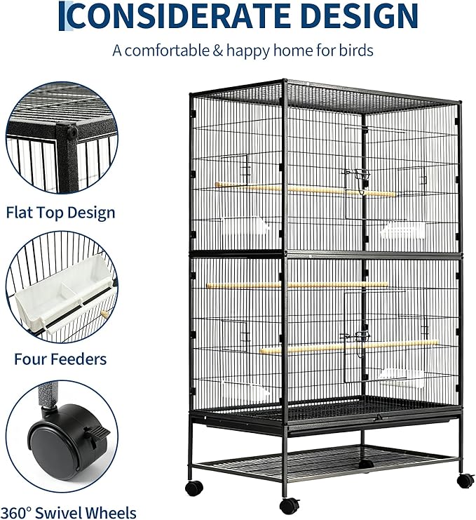 GarveeHome 60" H Large Bird Cage, Bird Cage with Rolling Storage Stands, Feed Bowls, Wide Tall Parakeet Cage for Parrots, Conures, Cockatiel, Cockatoo