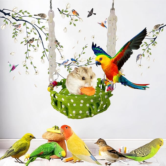 Bird Nest for Cage Parakeets Sleeping Bed Hanging Bird Hammock Parrot Bed Nest Wooden Perch Stand Swing for Conure, Budgie, Lovebird, Finch, Small Pets-Round