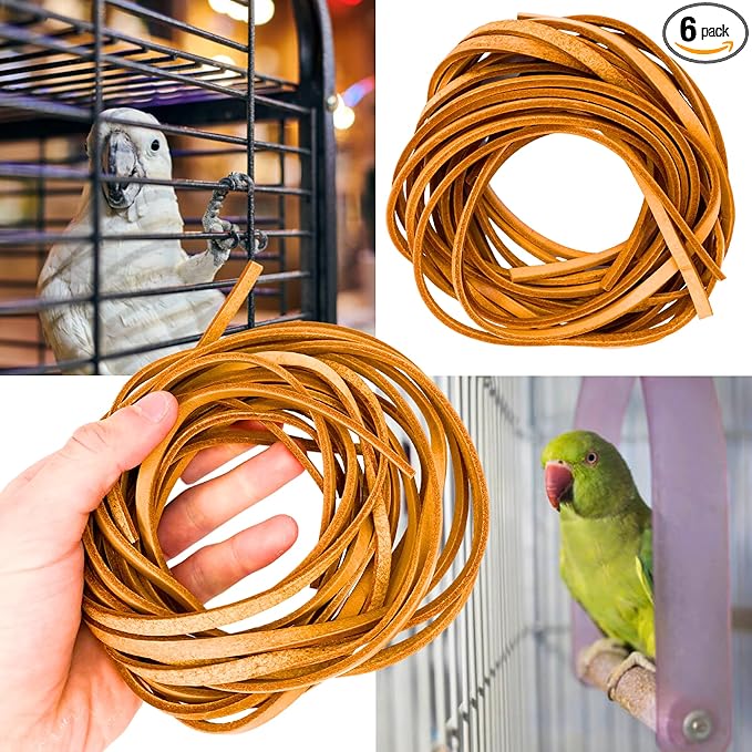 Bonka Bird Toys Natural Leather Bird Toy Strips - 48-Inch Chewing Toys for Parakeets, Cockatiels & Macaws - 6-Pack Dye-Free Training Strands for Mental Enrichment, Safe Play & Interactive Fun