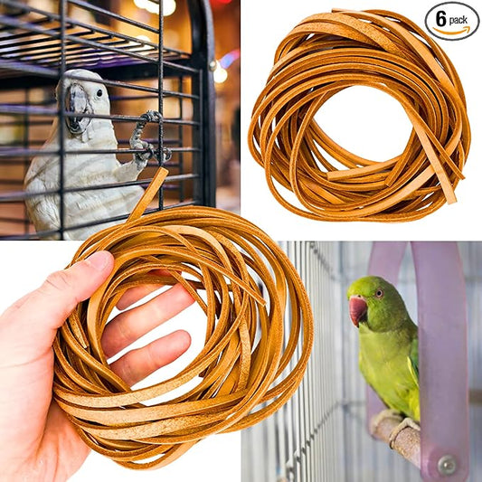 Bonka Bird Toys Natural Leather Bird Toy Strips - 48-Inch Chewing Toys for Parakeets, Cockatiels & Macaws - 6-Pack Dye-Free Training Strands for Mental Enrichment, Safe Play & Interactive Fun