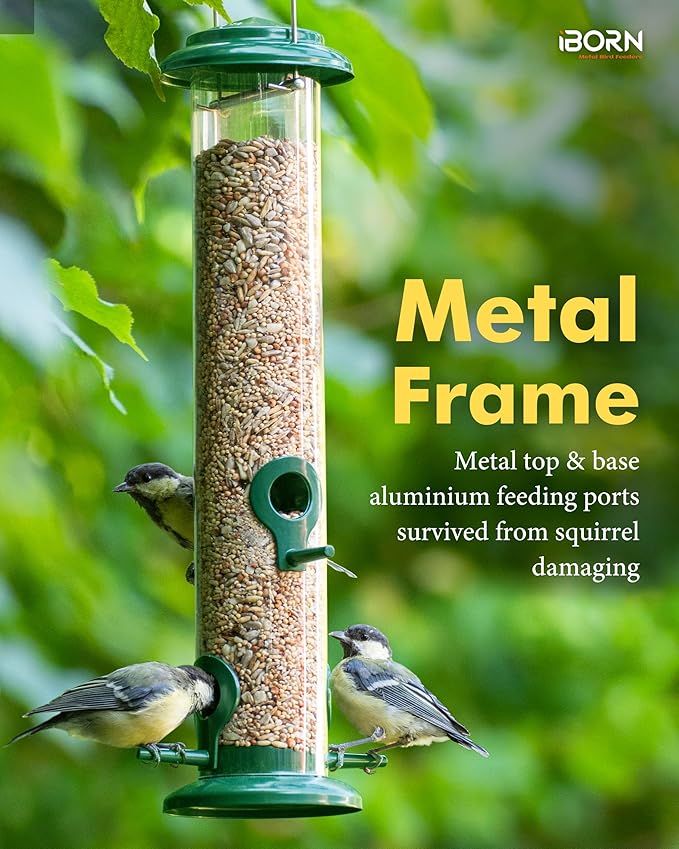 iBorn Metal Bird Feeders Hanging Wild Bird Seed Feeder for Mix Seed Blends, Niger Seed Feeder, Sunflower Heart, Birdbath, Heavy Duty All Metal Green Finishing 15 Inch 4Port