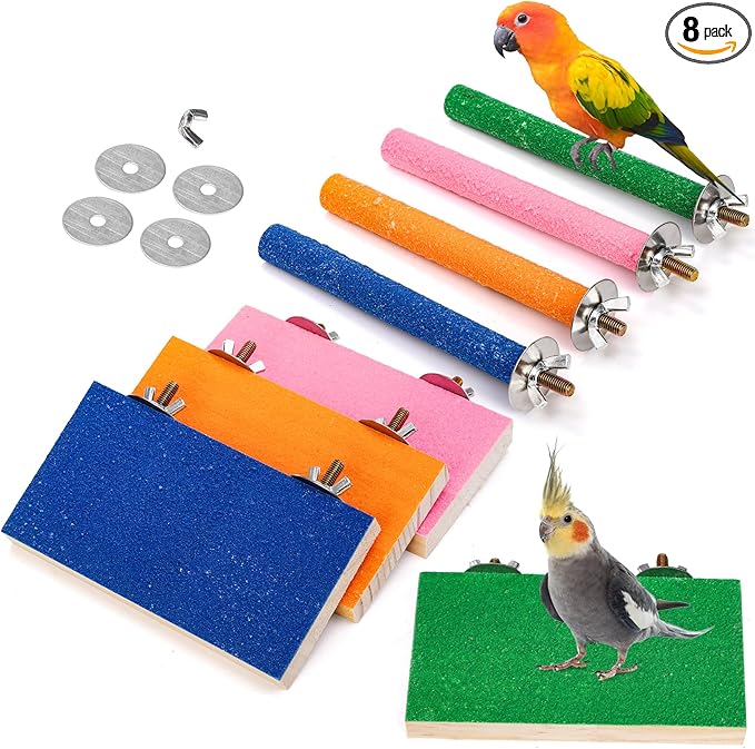 8 Pcs Bird Perch Stand Toy, Colorful Wood Parrot Perch Stand Platform Paw Grinding Stick, Bird Cage Accessories for Budgies,Parakeet,Cockatiel, Lorikeet, Conure