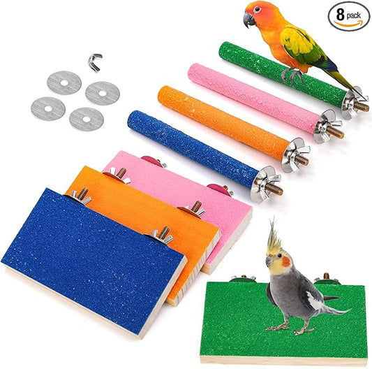 8 Pcs Bird Perch Stand Toy, Colorful Wood Parrot Perch Stand Platform Paw Grinding Stick, Bird Cage Accessories for Budgies,Parakeet,Cockatiel, Lorikeet, Conure