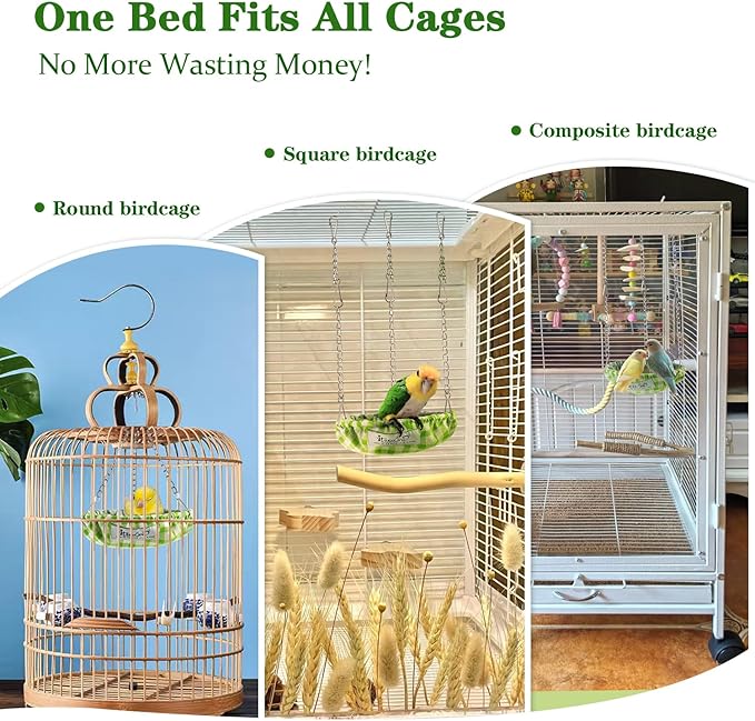 EIODEAR Waterproof Bird Bed with Adjustable Chain, Customizable Height Hanging Bird Hammock for Cage, Small Size Bird Nest with Durable Non-Collapsible Bottom, Bird Hut for Conures, Budgies (Green)