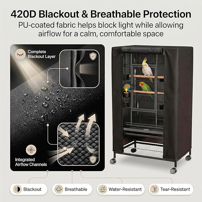 Universal Bird Cage Cover,Good Night Bird Cage Cover Good Night Blackout Breathable Cover with Zipper Panel for Parrot Parakeet Cockatiel Cages, Washable & Durable (33L x 23Wx 41H Inches)