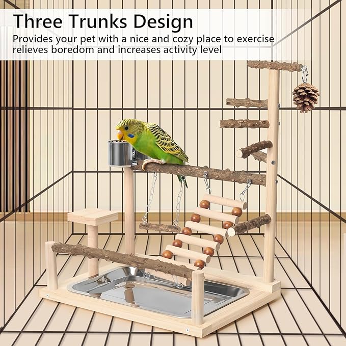 Wood Pet Parrot Playground Bird Play Stand Toys Perch with Feeder Cups for Cockatiel Parakeet Lovebirds Conure (Natural)