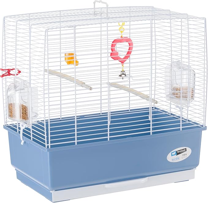 Ferplast Bird Cage Canary Cage Rekord 3, Complete with Accessories and Rotating Feeders, Sturdy White Painted Metal and Blue Plastic Bottom, 49 X 30 XH 48.5 cm