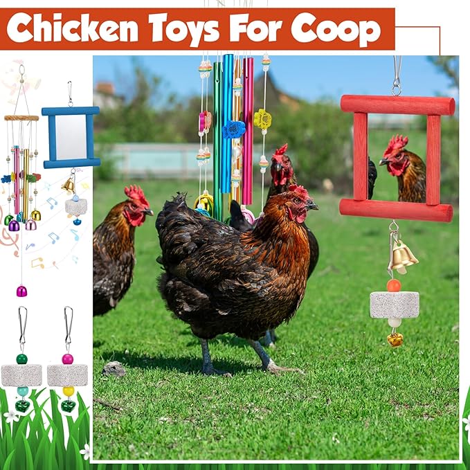 VioraWhite 7 Pcs Chicken Toys, Hanging Chicken Wind Chime, 2 Pcs Coop Mirror Toys with Bells 4 Pack Beak Grinding Stones, Musical Coop Accessories for Hen Rooster Chick Poultry Bird(Rose Red, Blue)