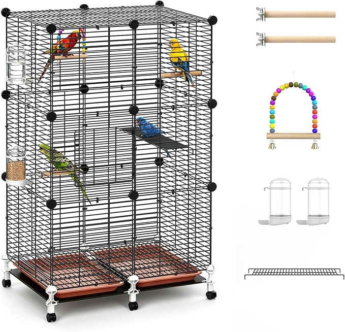 Pawaboo Bird Cage, 24.2''L x 16''W x 41''H Flight Cage with Slide-Out Tray, Waterer & Feeder, 360° Movable Metal Breeding Bird Cages with Stand & Perch for Parrot Parakeets Cockatiel Lovebird Finch