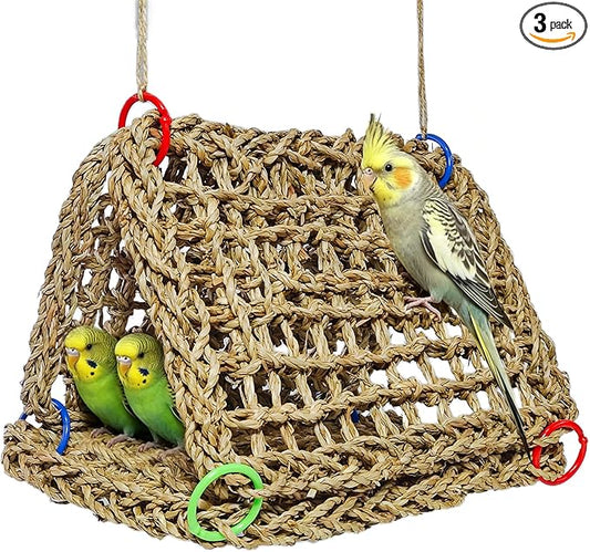 Tfwadmx Large Bird Seagrass Hammock, 3Pcs 7x11.8in Seagrass Mat for Birds, Hanging Parrot Toys, Counre House Hut Hideout for Parakeets, Lovebirds, Budgies, Cockatiels