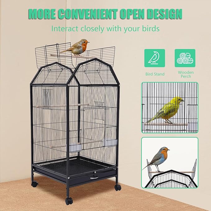 40 Inch Wrought Iron Bird Cage with Rolling Stand Metal 360 Degree View Spacious Interactive Roof Durable and Rustproof for Parrots Finches Lovebirds Budgie Canaries Macaw