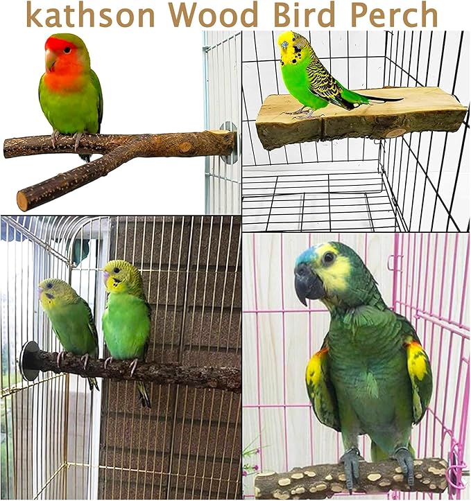 kathson Natural Bird Perches Wood Bird Flat Perch Parrot Swing Parakeet Platform Chew Toys Paw Grinding Stick Cage Accessories Exercise Toy for Cockatiels Budgies Lovebirds Conures Finches