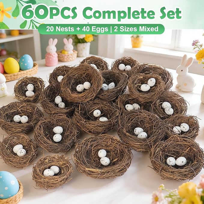 60 Pcs Artificial Rattan Birds Nest with Eggs for Crafts, Mini Faux Bird Nest for Easter Home Garden Decor Wedding Party(20 Pcs Mixed Small Size Nest & 40 Pcs Eggs)