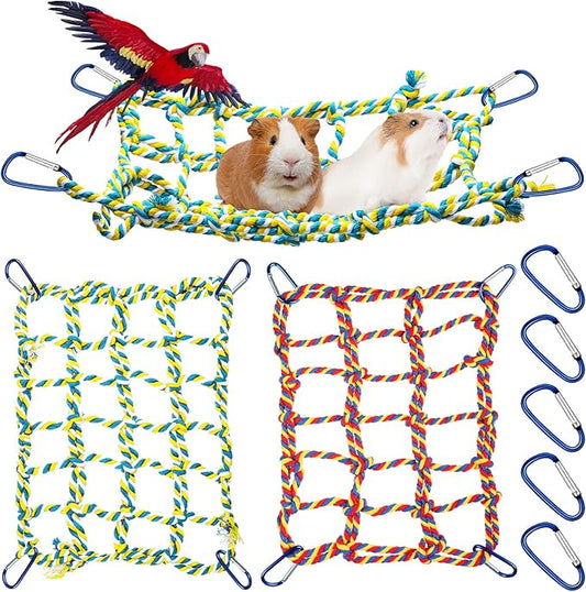 2 Pcs Rat Cage Accessories Rat Climbing Bird Rope Toys Net Pet Hanging Hammock for Hamster, Mice, Parrot, Bird, Sugar Glider, Ferret, Small Animals Habitat Decor and Play(11 x 7.8 Inch,Red, Yellow)