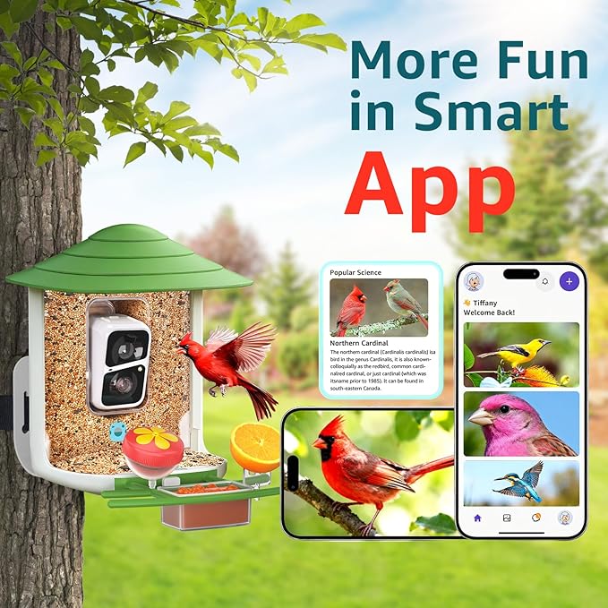 birdsnap® TUC Bird Feeder with Camera 2K HD Live with 32GB Card Auto Detect & Notify AI Identify Camera Birds Feeders Solar Powered Wireless Outdoors Backyard Gift for Mom Dad Birds Lover, 2.4G WiFi