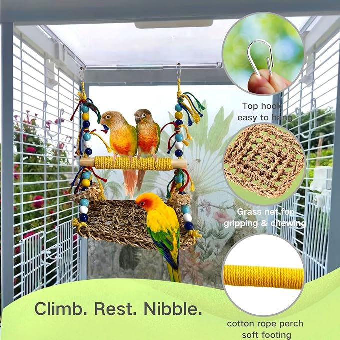 Parakeet Swing Toys,Natural Bird Grass Mat Toys Parrot Climbing Hammock with Perch Toys for Cockatiel, Sun Conure, Lovebird, Budgie