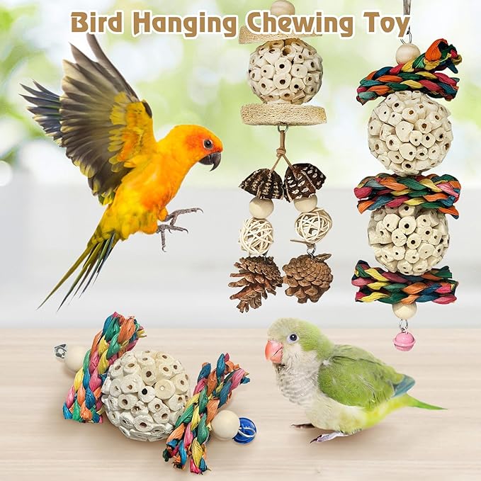 BNOSDM Hanging Bird Toy Sola Balls 3PCS Parrot Shredder Balls Natural Parakeet Foraging Toy Wood Bird Cage Chew Toys for Cockatiel, Budgie, Sun Conure, Quakers, Lovebirds (B)