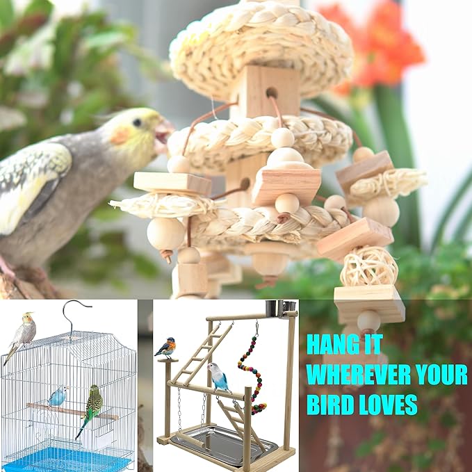 Natural Bird Toys for Quaker Parrot, Lovebird, Parakeet, Cockatiel & Conure – for Chewing, Shredding & Foraging, Corn Husk, Wood & Vine with Leather Cord for Small & Medium Birds
