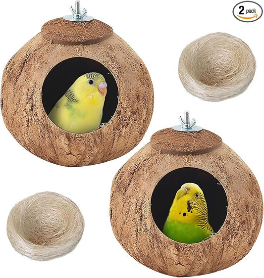 Coconut Bird Nest for Cage Natural Coconut Shell Birds House 2 Pack Parakeet Small Coconut Hide Breeding Hut Bird Cage Accessories for Parrot Lovebirds Budgies Cockatiel Conure Finch Canary