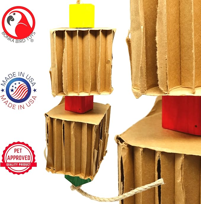Bonka Bird Toys 3748 Big Duo Blocks N Cube Wood Hanging Chew Toy 12" Natural Hardwood and Rope for Medium to Large Parrots Cage Enrichment and Beak Conditioning