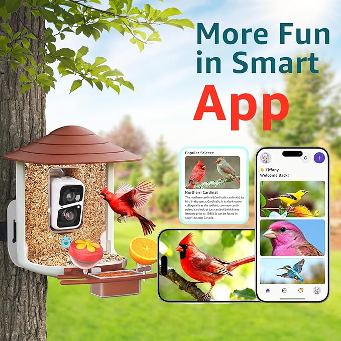 birdsnap® TUC Bird Feeder with Camera 2K HD Live with 32GB Card Auto Detect & Notify AI Identify Camera Birds Feeders Solar Powered Wireless Outdoors Backyard Gift for Mom Dad Birds Lover, 2.4G WiFi