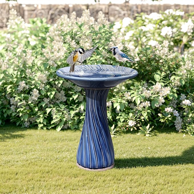 LuxenHome 22 Inch Ceramic Bird Bath for Outside, Elegant Tall Outdoor Bird Bath, Lightweight Pedestal Glazed Birdbaths for Outdoors with Leaves and Swirl Pattern, Blue