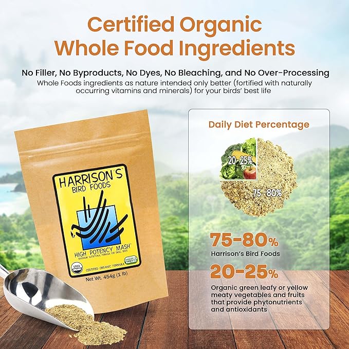 Harrison's Bird Foods High Potency Mash- Certified Organic, Non-GMO, Minimally Processed Nutrient-Rich Formula for Birds with Special Needs, Molting, Breeding, or Young Birds Under 1 Year 454g / 1lb