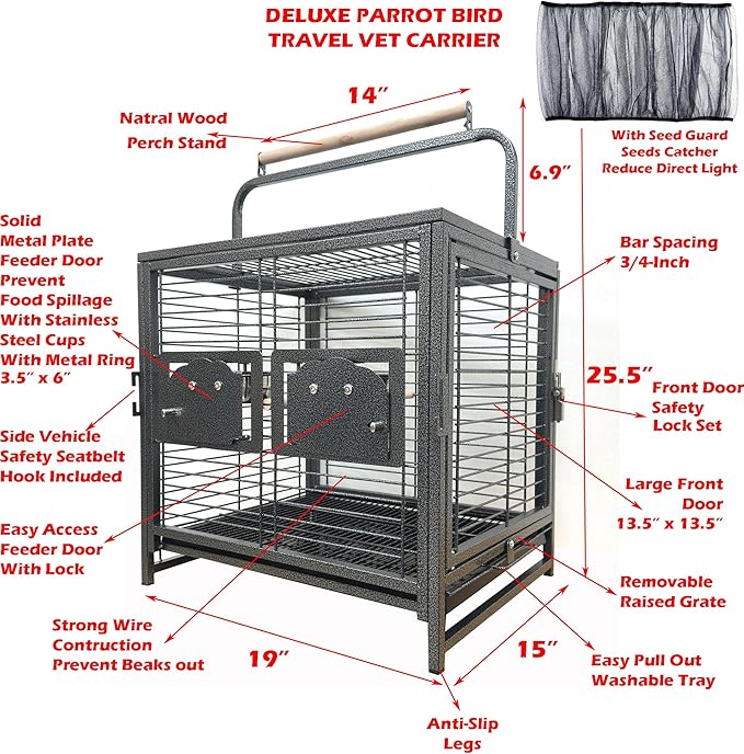 Deluxe Portable Durable Wrought Iron Bite-Proof Bird Travel Parrot Vet Carrier Cage Prevent Beaks Out Pet Products for Parrots Conures Cockatiel Amazon African Grey Include Cage Cover