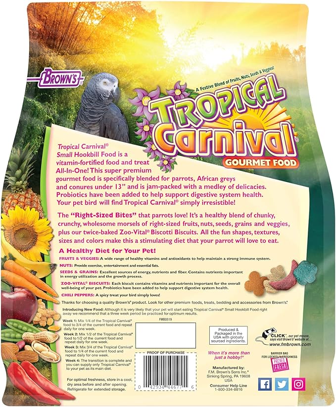 F.M. Brown's Tropical Carnival Gourmet Bird Food for Parrots, African Greys, and Conures Under 13", Probiotics for Digestive Health, Vitamin-Nutrient Fortified Daily Diet - 5 lb.