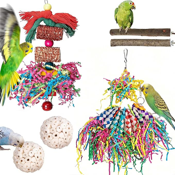 6-in-1 Bird Toy, 2 Natural Wood Stands, 1 Hanging Foraging Shredder Toys with Colorful Paper, 2 Soft Sola Balls for Chewing | Cage Accessories for Parakeets, Cockatiels, Lovebird(PET-ONLY USE)