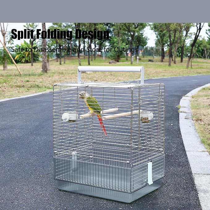 Stainless Steel Travel Bird Cage, 304 Portable Foldable Carrier for Parrots, Conures, Cockatiels, Parakeets – 17 Inch Large Birdcage with Aluminum Handle & Perch(Blue, Large Birdcage)
