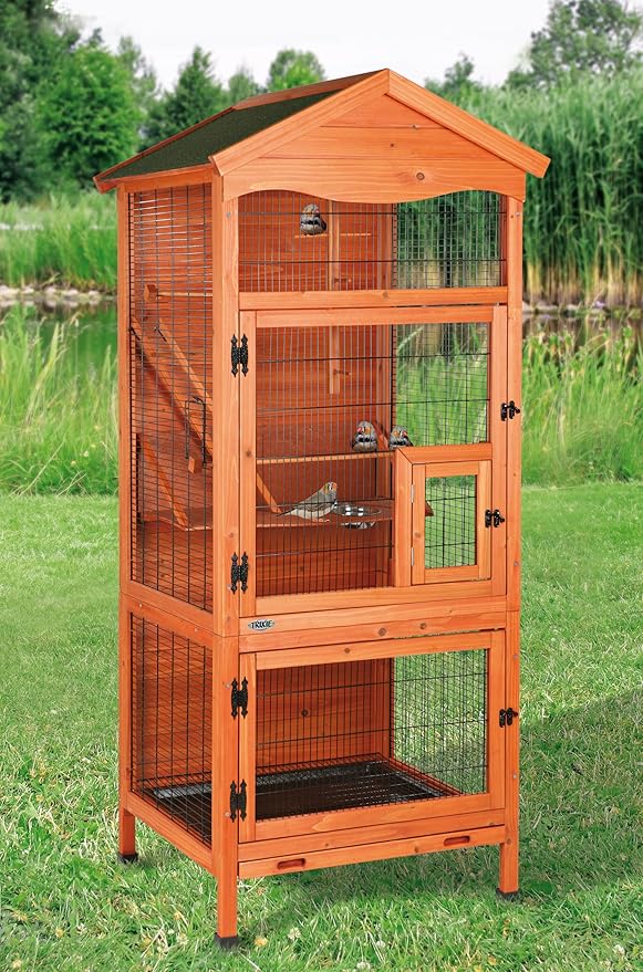 Trixie Outdoor Bird Aviary, 71-in Wooden Birdcage, 2 Perches, Ideal for Small Birds, Finches, Brown, (55951)