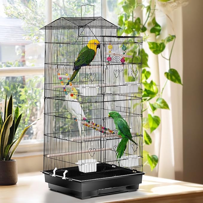 SUPER DEAL 39'' Roof Top Parrot Bird Cage with Toys for Cockatiel Sun Conure Parakeet Finch Budgie Lovebird Canary Large Flight Pet House