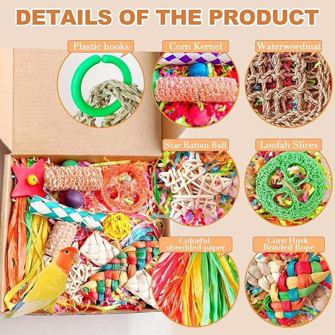 Parakeet Toys, Bird Toy Conure Grass Mat Budgie Shredder Hanging Set Cockatiel Foraging Toys Parrot Climbing Wall Toy Lovebird Cage Accessories for Small Birds