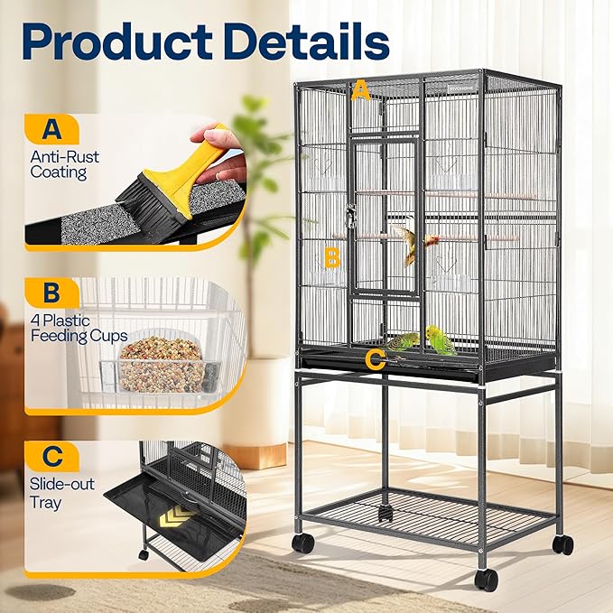 VIVOHOME 54 Inch Wrought Iron Large Bird Flight Cage with Rolling Stand for Parakeets Canaries Cockatiels Lovebirds Conures, Black