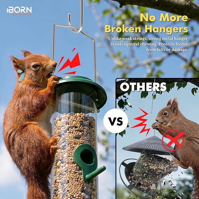 iBorn Metal Bird Feeders 6 Ports Hanging Wild Bird Seed Feeder for Mix Seed Blends, Seed Feeder, Sunflower Heart, Birdbath, Heavy Duty All Metal Green Finishing 15 Inch 6Port, Pack of 2,Gift Box