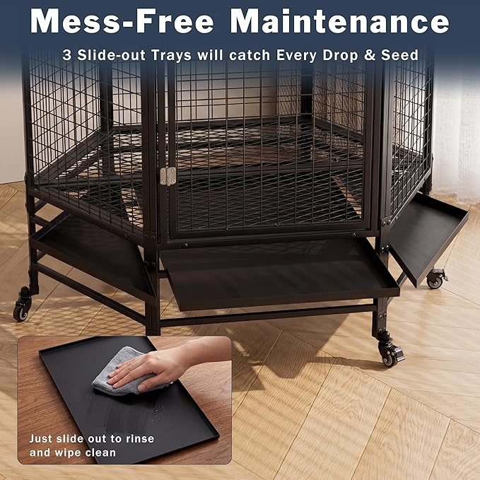 69" Extra Large Bird Cage for Parrots, Heavy Duty Metal Aviary on Wheels with Rolling Stand & Slide-Out Trays for African Greys, Cockatoos, Conures, Macaws, Indoor Outdoor, Black