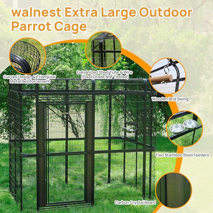 Outdoor Large Walk-in Cage 87-inch Heavy Duty Bird Cage Carbon Crystal Board Aviary Parrot Cage Wide Flight Metal Birdcage for Macaw Budgie Conure Lovebird Parakeet Cockatiel, 7.22x5.25x6.8ft, Black