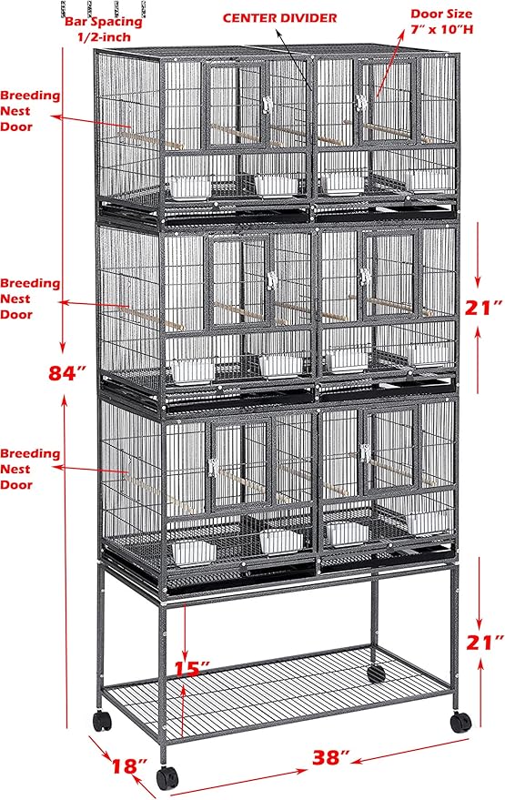Triple Combo Stacker Sturdy Wrought Iron Center Divided Breeder Side Breeding Doors Bird Flight Double Rolling Cage for Aviaries Canaries Cockatiels Lovebirds Finches Budgies Small Parrots