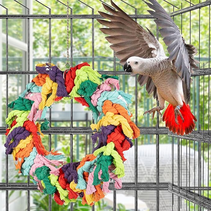 Parrot Swing for Large Birds - Colorful Cotton Rope Hanging Ring Toy for African Grey, Cockatoo, Conure, and Parakeet | Chewing, Exercise, Climbing, and Snuggling (Parrot Swing)