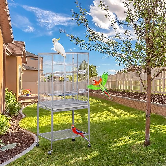SUPER DEAL 53-Inch Rolling Bird Cage Large Wrought Iron Cage for Cockatiel Sun Conure Parakeet Finch Budgie Lovebird Canary Medium Pet House with Rolling Stand & Storage Shelf, White