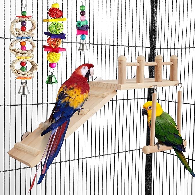 FrgKbTm Wooden Parrot Bird Perch Platform with Climbing Ladder,Parrot Play Stand Bird Swing Bridge Chewing Toys for Parakeet Cockatiel Conure Lovebirds (Bird Swing Set 2)