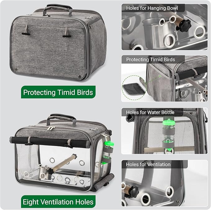 Sanmoncare Airline Approved Bird Carrier, Indestructible Stainless Steel Mesh Parrot Travel Cage, Cockatiels Travel Carrier Lightweight and Portable with Water Bottle and Bowl