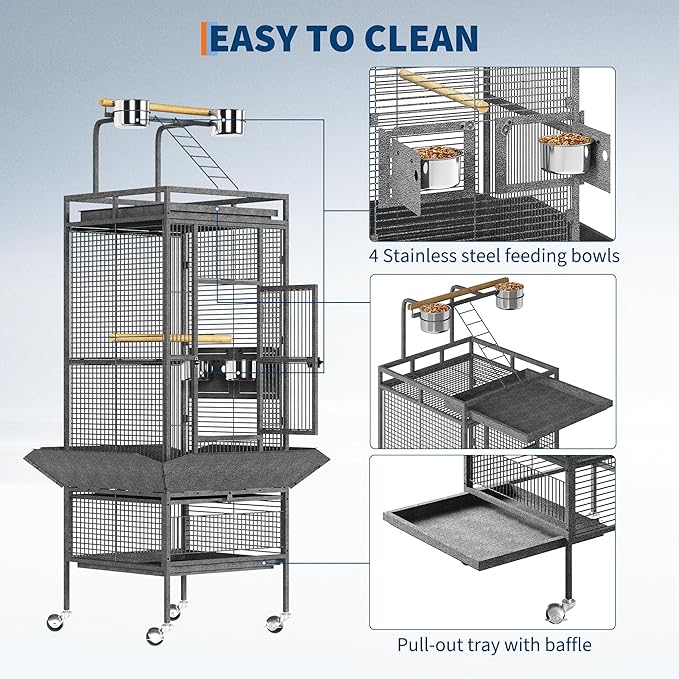 61 Inch Metal Bird Cage with Stand Large Rolling Parrot Cages with Play Top Seed Catcher Removable Tray Parrot Cage for Lovebirds Cockatiels Pigeon Finches, Black